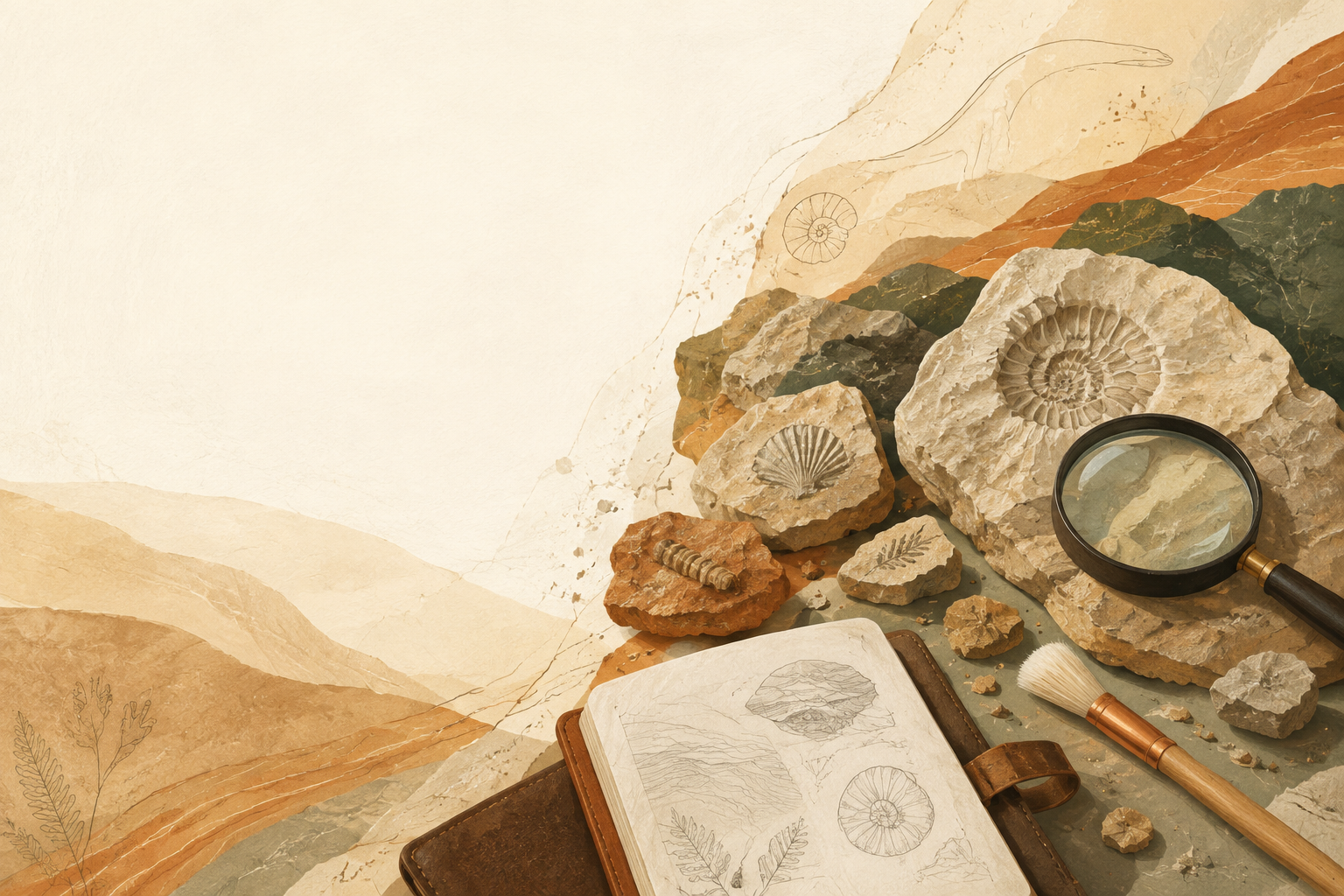 Mesa de trabajo de paleontología con fósiles, lupa, brocha y cuaderno sobre estratos de tonos crema y tierra